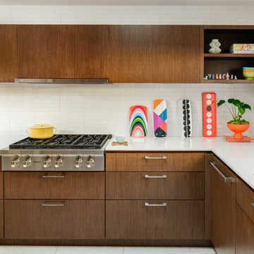 Mid-Century White + Walnut Kitchen with Colorful Decorative Accessories