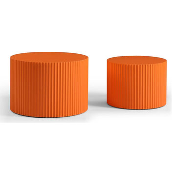 Set of 2 Modern Coffee Table, Round Design With Surrounding Line Accents, Orange