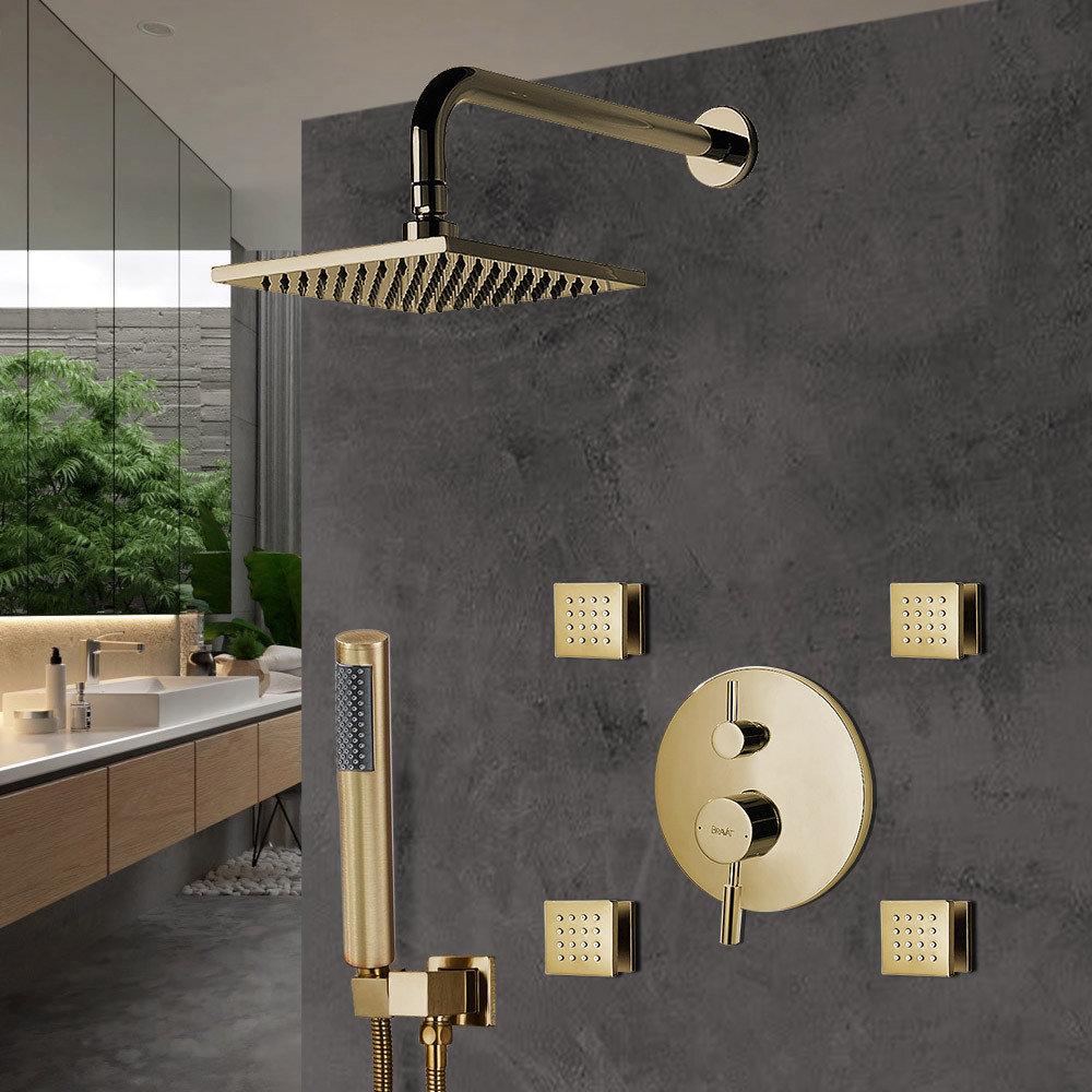 Bravat Brushed Gold Wall Mounted Square Shower Set, Valve Mixer 3-Way ...
