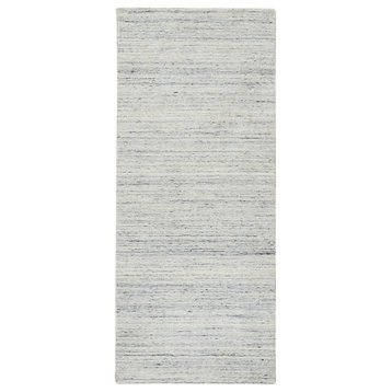 Ivory Pure Wool Hand Loomed Plain Modern Striped Design Runner Rug, 2'6"x6'0"