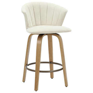 Modern Fabric and Wood 26" Counter Stool With Swivel, Beige/Natural