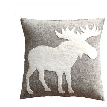Hand Felted Wool Pillow, Cream Moose Silhouette on Gray, 20"
