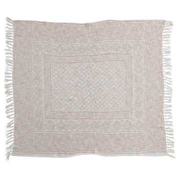 Cotton Slub Throw Blanket with Pattern and Tassels, Ivory and Putty Orange