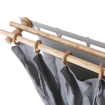 QYT03 1-1/8" Ash Wood Ball Bracket Single Double Curtain Rod Sets