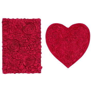 Bell Flower Collection Tufted Bath Rugs, 2-Piece Set With Heart, Red