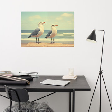 Bird Artwork Prints: Coastal Companions Vintage Retro Subdued Seagulls Realism