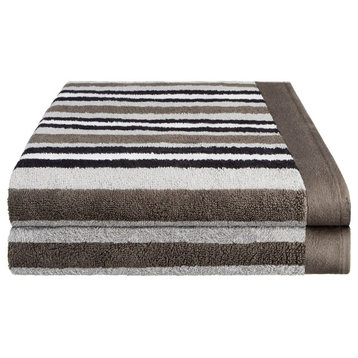 2 Piece Cotton Stripes Washable Bath Towel Set, Charcoal