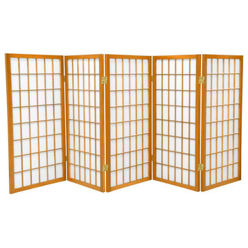 Classic Room Divider, Wooden Frame With 5 Panels and Window Pane, Honey