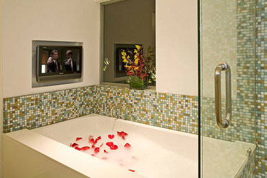 Corner shower - modern master mosaic tile porcelain tile corner shower idea in Los Angeles with flat-panel cabinets, light wood cabinets, an undermount tub, a one-piece toilet, white walls, an undermount sink and quartz countertops