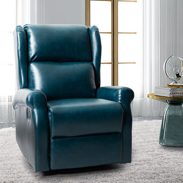 Comfy Faux Leather Manual Swivel Recliner With Metal Base, Turquoise