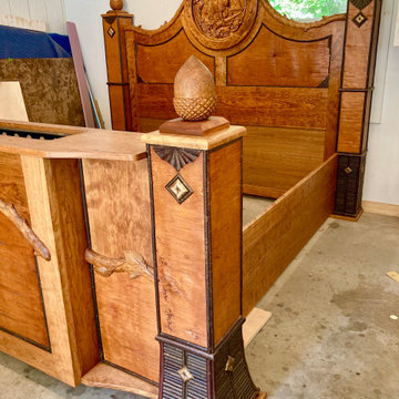 Rustic King Bed with Carvings and TV Lift