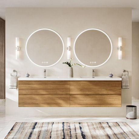 The MOB Bathroom Vanity, Double Sink, 84", Natural Oak, Wall Mounted