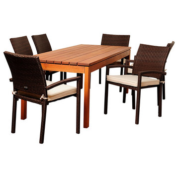 Maynard 7-Piece Eucalyptus and Wicker Patio Dining Set With Off-White Cushions