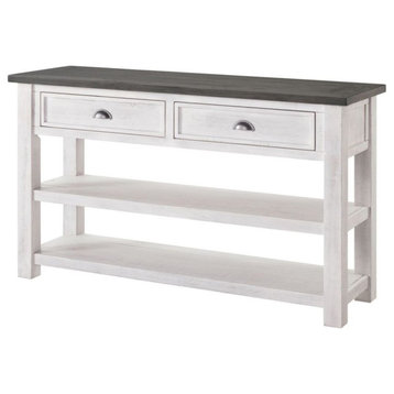 Farmhouse Console Table, Pinewood Top With 2 Storage Drawers, White/Grey