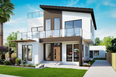 Diseño de fachada de casa beige y negra minimalista de tamaño medio de dos plantas con revestimientos combinados, tejado plano, tejado de teja de madera y tablilla