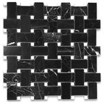 Stone Center Online - Nero Marquina Black Marble Basketweave Mosaic Tile White Dots Polished, 1 sheet - Nero Marquina Black Marble 1x2" rectangle pieces and Carrara White 3/8" dots mounted on 12x12" sturdy mesh backing tile sheet