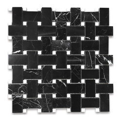 Stone Center Online - Nero Marquina Black Marble Basketweave Mosaic Tile White Dots Polished, 1 sheet - Mosaic Tile
