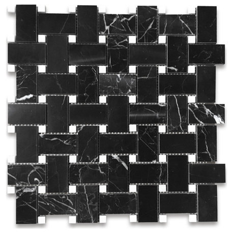 Nero Marquina Black Marble Basketweave Mosaic Tile White Dots Polished, 1 sheet