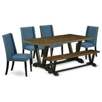 East West Furniture V-Style 6-piece Wood Dining Set with Linen Seat in Black