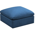Meridian Furniture - Plush Velvet / Down Standard Comfort Modular Chair, Navy, Ottoman - No matter how big or little the size of your gang, they can all find their sweet spot when you choose pieces from the Plush collection to build your ideal seating group. Choose this individual Plush piece or pair multiple pieces together to get the custom look everyone will love. The soft navy velvet material is soft and welcoming to the touch, and the set's cushions are overstuffed with a down and feather blend to provide ample support for tired bodies.