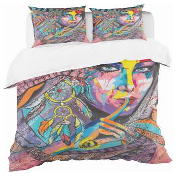 Woman Portrait in Your Dreams Bohemian and Eclectic Duvet Cover, King
