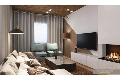 Modelo de sala de estar abierta nórdica grande con suelo de madera clara, chimenea de doble cara, marco de chimenea de yeso, televisor colgado en la pared y madera