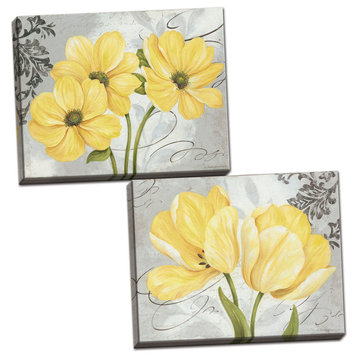 Yellow and Grey Floral Canvas Wall Art, Set of 2