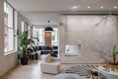 Large trendy loft-style living room photo in New York