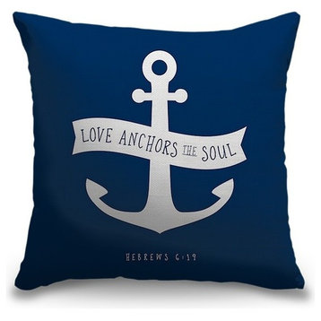 "Hebrews 6:19 - Scripture Art in White and Navy" Pillow 16"x16"