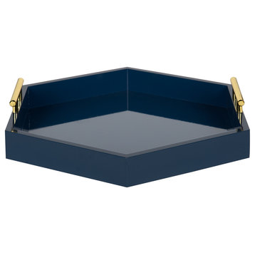 Lipton Hexagon Decorative Tray with Metal Handles, Navy Blue, Gold