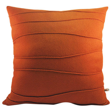 Wool Felt Throw Pillow with Organic, Modern Ribbing, Harvest Orange