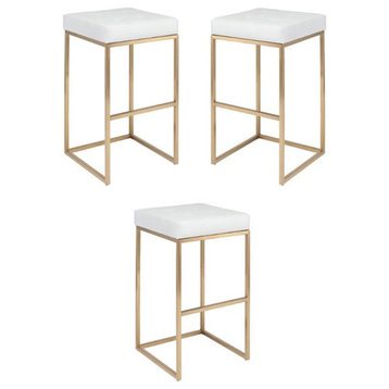 Home Square Chi 29.75" Faux Leather Bar Stool in White and Gold - Set of 3