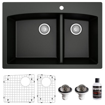 Karran Drop-In Quartz 33" 1-Hole 60/40 Double Bowl Sink Kit, Black