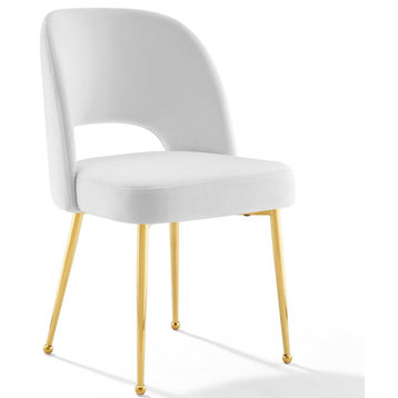 Velvet Side Chair, Gold Luxe Glam Contemporary Chic Armless Dining Chair, White