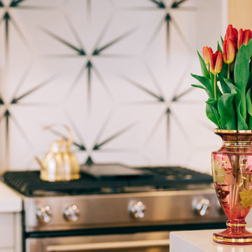 Geometric Porcelain Tile Backsplash in Mid-Century Kitchen