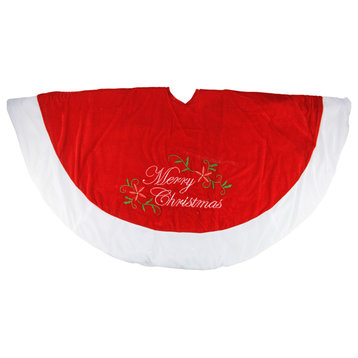 48" Traditional Red Embroidered Velvet Merry Christmas Tree Skirt