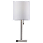 Adesso - Liam Table Lamp - The Liam Table Lamp is an elegant style that highlights simple materials and a classic silhouette. A thick brushed steel metal pole supports a white textured fabric shade. A tall cylinder shade is contrasted by a compact square shaped metal base. A simple pull chain turns the lamp on and off. A subtle clear cord trails out from the base. Set this table lamp on your nightstand for a soft, modern look.