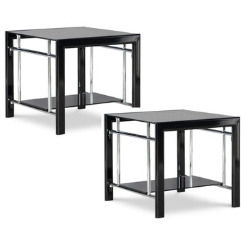Linon Dart Steel End Table (Set of 2) Top & Bottom Glass Shelves in Glossy Black