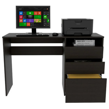 Modern Desk, Wooden Construction With Multiple Drawers & Open Shelf, Black Wenge