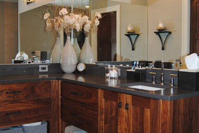 Minimalist bathroom photo in Other with furniture-like cabinets, medium tone wood cabinets and quartz countertops