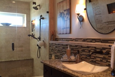 Example of a mid-sized classic 3/4 beige tile, brown tile and matchstick tile beige floor alcove shower design in St Louis with open cabinets, dark wood cabinets, a one-piece toilet, beige walls, a vessel sink, granite countertops and a hinged shower door