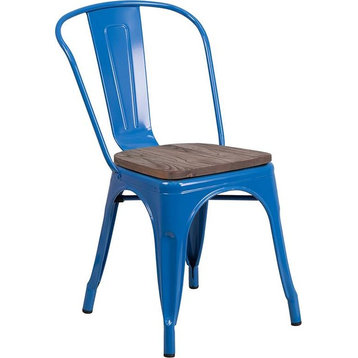 Blue Metal Stackable Chair With Wood Seat