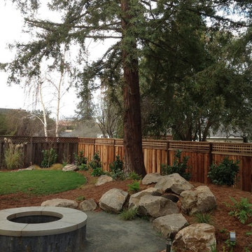 Willow Glen Modern- stone fireplace surrounded by DG and low voltage path lighti
