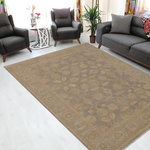 Bareens Designer Rugs - Chic Ziegler Eleonor Grey Green Hand-Knotted Wool Rug - 9'1'' x 11'11'' - Enhance the ambiance of your home with this magnificent Persian-influenced Turkish hand-knotted rug made by skilled artisans capable of creating the most exceptional vegetable dyes and hand-spun wool. This exquisite handmade rug is a one-of-a-kind Peshawar Kafkaz, otherwise identified as Chobi, Chobi Peshawar, Oushak, or Ziegler rug. These handmade rugs are crafted in Pakistan utilizing superior-quality wool imported from Australia, New Zealand, and Korea in two types of weaves: the Persian weave and the Mori weave. This rug is meticulously crafted by hand using the finest natural vegetable dyes extracted from local plants. The artisans use a blend of hand-spun local and fine merino wool, resulting in a rug with a compelling texture, higher lanolin content, and longer staple. The artisans occasionally incorporate natural or artificial silk into the pile to enhance specific motifs. The finished product is an awe-inspiring execution of flawless design and an understated palette that exudes elegance.
