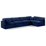 Meridian Furniture - Indulge Upholstered Modular L-Shaped Sectional, Navy, 5-Piece: 3 Armless Chair, 2 Corner Chair, Down Stuffed Velvet - Experience ultimate comfort and style with our navy velvet Indulge Sectional. The luxurious velvet will elevate the aesthetic of any room. This sofa provides ample space for you to relax while its modular build offers the option of unlimited configurations. Whether you're looking to add a stylish element to your living room or a comfortable seating option to your bedroom, this sofa is the perfect choice.