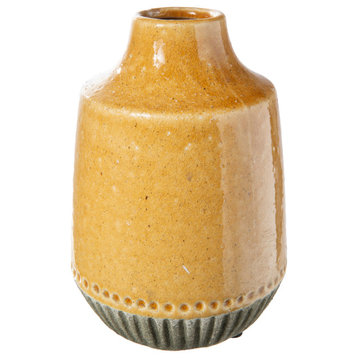 Ceramic Vase with Corrugated Banded Bottom Design Gloss Yellow Finish, Small