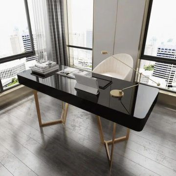 2-Drawers Black Office Desk 55" Modern Writing Desk Gold Tripod Base Stainless S