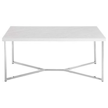 42" Rectangular Coffee Table in White Faux Marble with Chrome Metal Base