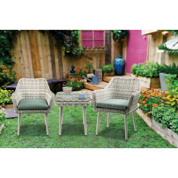 3 Set Bistro Set, All-Weather Wicker Frame, Padded Seat and Glass Tabletop