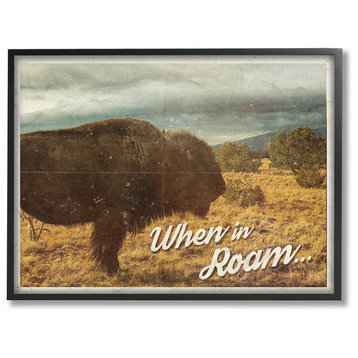 When In Roam Buffalo in a Field Western Scene Postcard Framed Giclee, 16"x20"